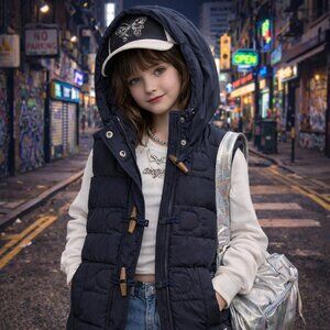 Abercrombie Kids Girls Puffer Vest Hooded Toggle Closure Navy Size L Youth